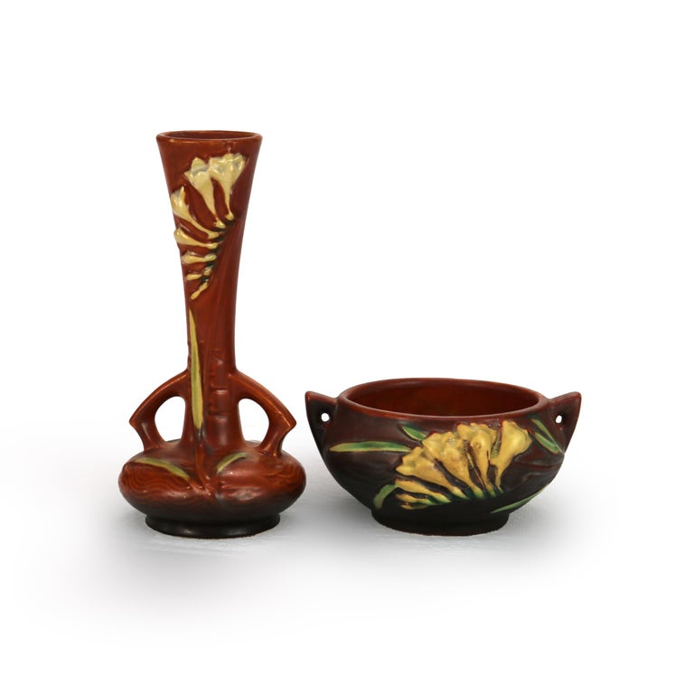 Two Roseville Art Pottery Brown Vase & Bowl with Freesia Pattern Mid 20thC