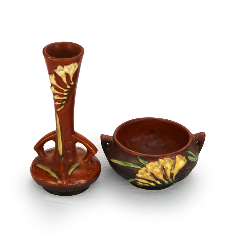 Two Roseville Art Pottery Brown Vase & Bowl with Freesia Pattern Mid 20thC