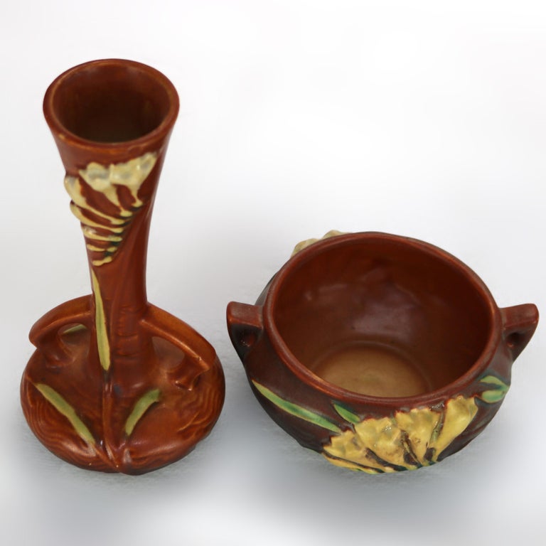 Two Roseville Art Pottery Brown Vase & Bowl with Freesia Pattern Mid 20thC