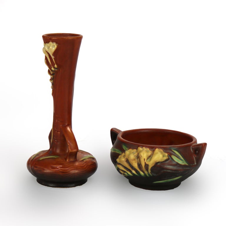 Two Roseville Art Pottery Brown Vase & Bowl with Freesia Pattern Mid 20thC