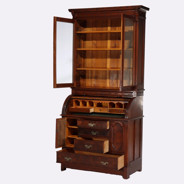 Antique Victorian Eastlake Walnut & Burl Cylinder Secretary Desk c1890