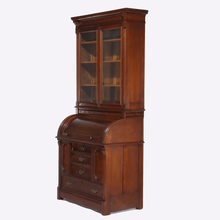 Antique Victorian Eastlake Walnut & Burl Cylinder Secretary Desk c1890