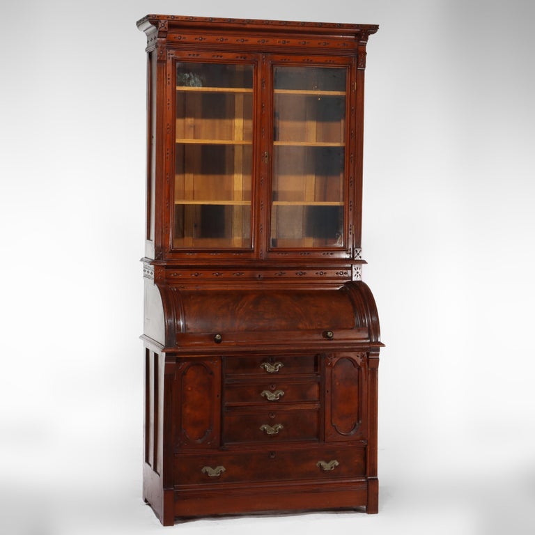 Antique Victorian Eastlake Walnut & Burl Cylinder Secretary Desk c1890