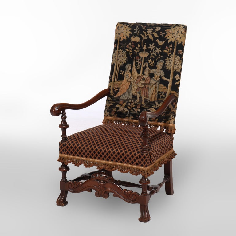 Antique Charles II Carved Mahogany & Scenic Tapestry Throne Chair c1890