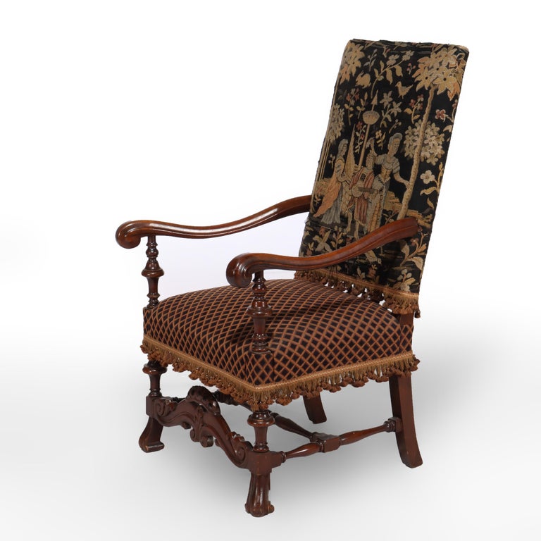 Antique Charles II Carved Mahogany & Scenic Tapestry Throne Chair c1890