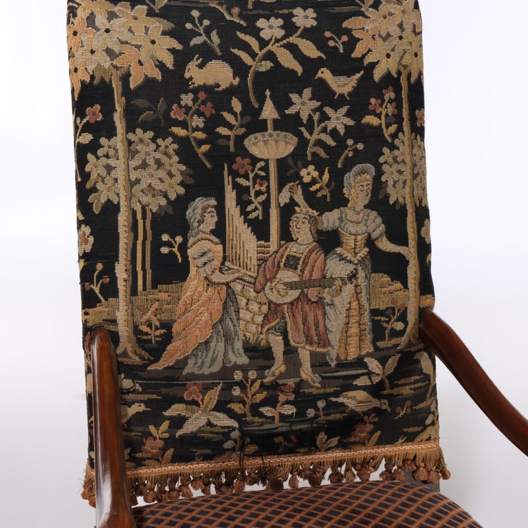 Antique Charles II Carved Mahogany & Scenic Tapestry Throne Chair c1890