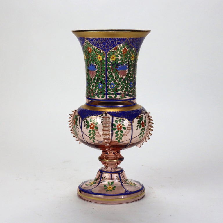 Antique Bohemian Floral Polychrome Enameled Glass Vase 19thC