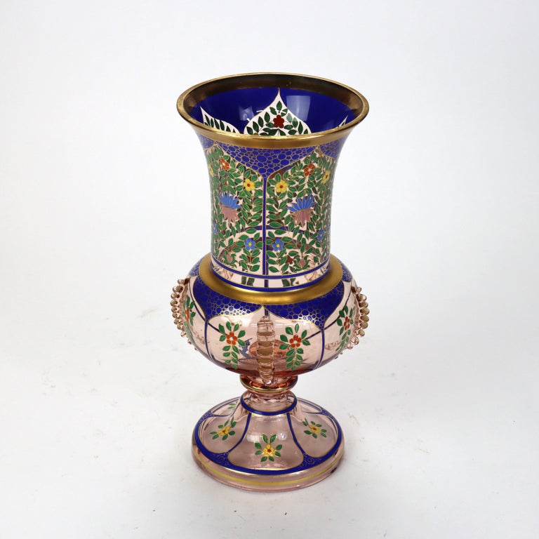 Antique Bohemian Floral Polychrome Enameled Glass Vase 19thC