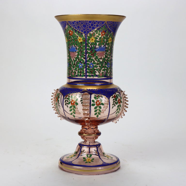 Antique Bohemian Floral Polychrome Enameled Glass Vase 19thC