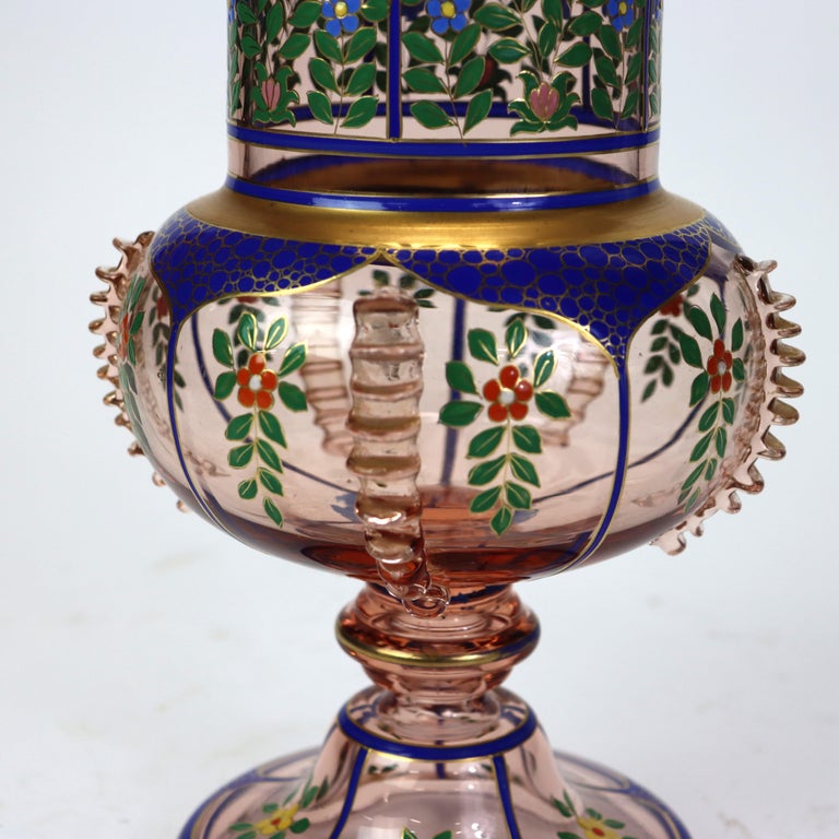 Antique Bohemian Floral Polychrome Enameled Glass Vase 19thC