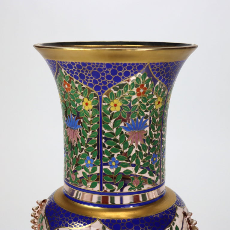 Antique Bohemian Floral Polychrome Enameled Glass Vase 19thC