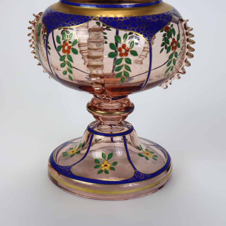 Antique Bohemian Floral Polychrome Enameled Glass Vase 19thC