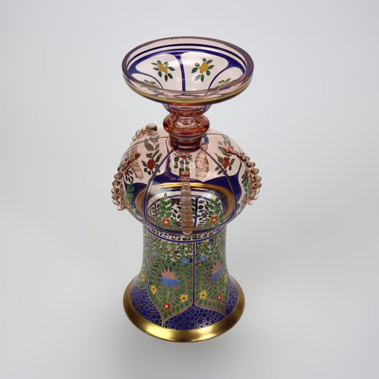 Antique Bohemian Floral Polychrome Enameled Glass Vase 19thC