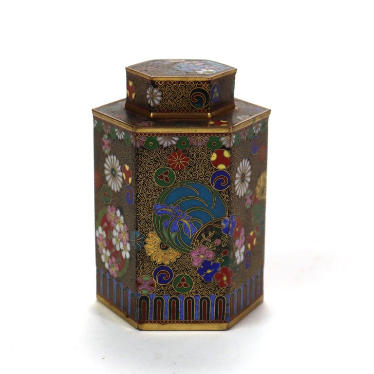 Antique Chinese Cloisonne Enameled Tea Caddy with Garden Flowers C1900