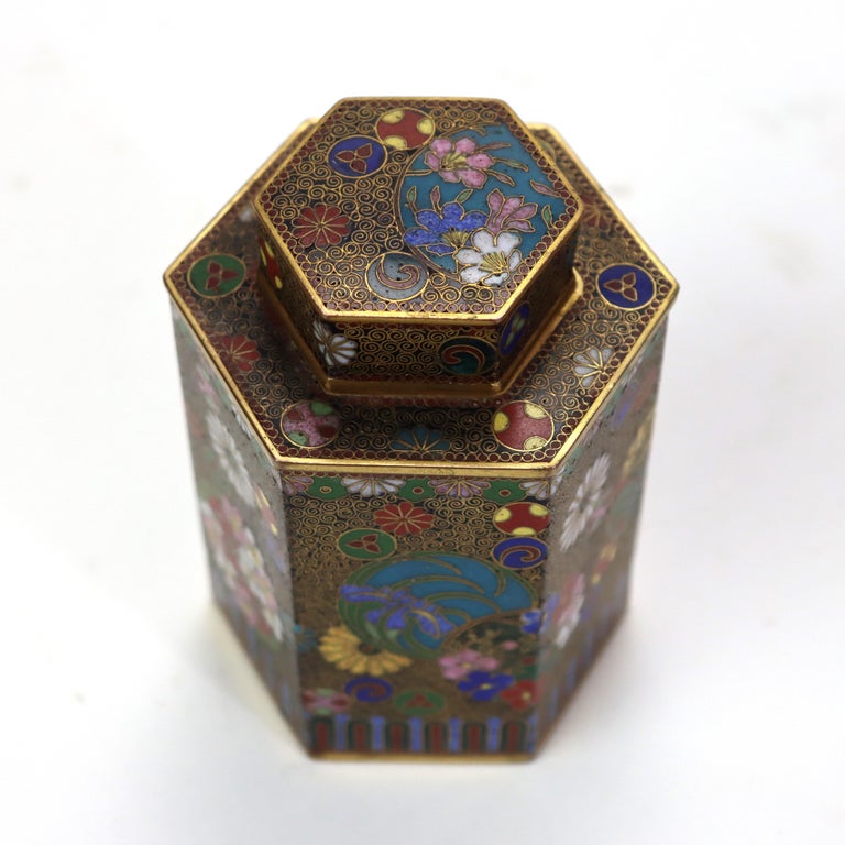 Antique Chinese Cloisonne Enameled Tea Caddy with Garden Flowers C1900