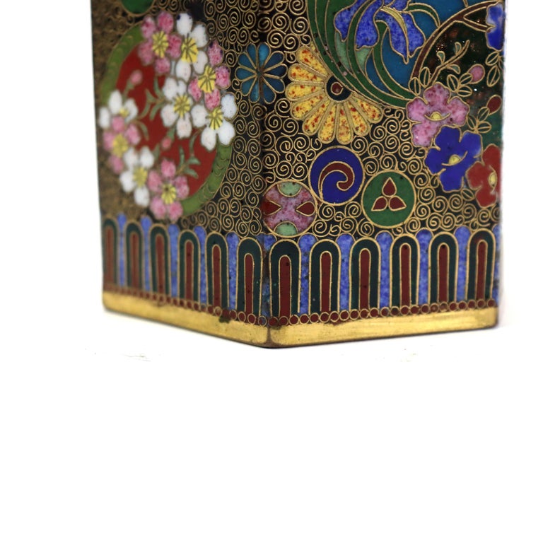 Antique Chinese Cloisonne Enameled Tea Caddy with Garden Flowers C1900