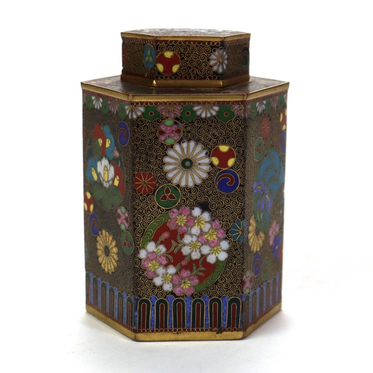 Antique Chinese Cloisonne Enameled Tea Caddy with Garden Flowers C1900
