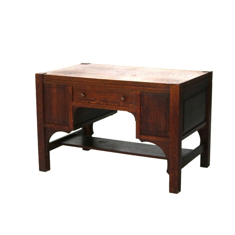 Antique Arts & Crafts Mission Oak Paneled Desk with Arched Corbels C1920