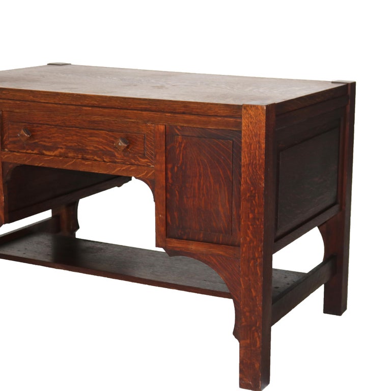 Antique Arts & Crafts Mission Oak Paneled Desk with Arched Corbels C1920