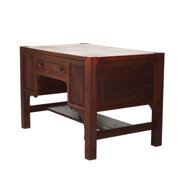 Antique Arts & Crafts Mission Oak Paneled Desk with Arched Corbels C1920