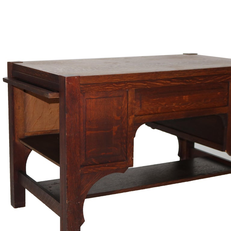 Antique Arts & Crafts Mission Oak Paneled Desk with Arched Corbels C1920