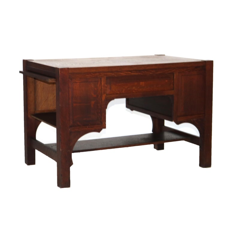 Antique Arts & Crafts Mission Oak Paneled Desk with Arched Corbels C1920