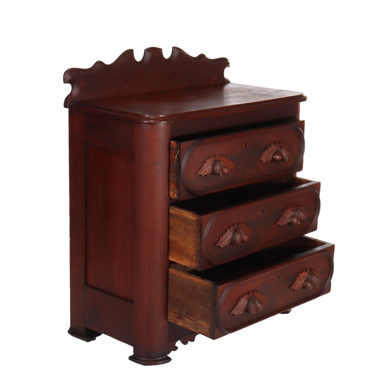 Antique Rococo Walnut 3-Drawer Commode With Back Splash & Carved Pulls