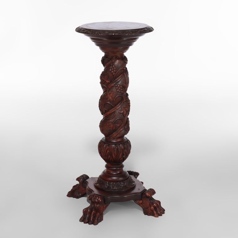 Rococo Grape & Leaf Clawfoot Carved Mahogany Claw Foot Sculpture Pedestal c1890