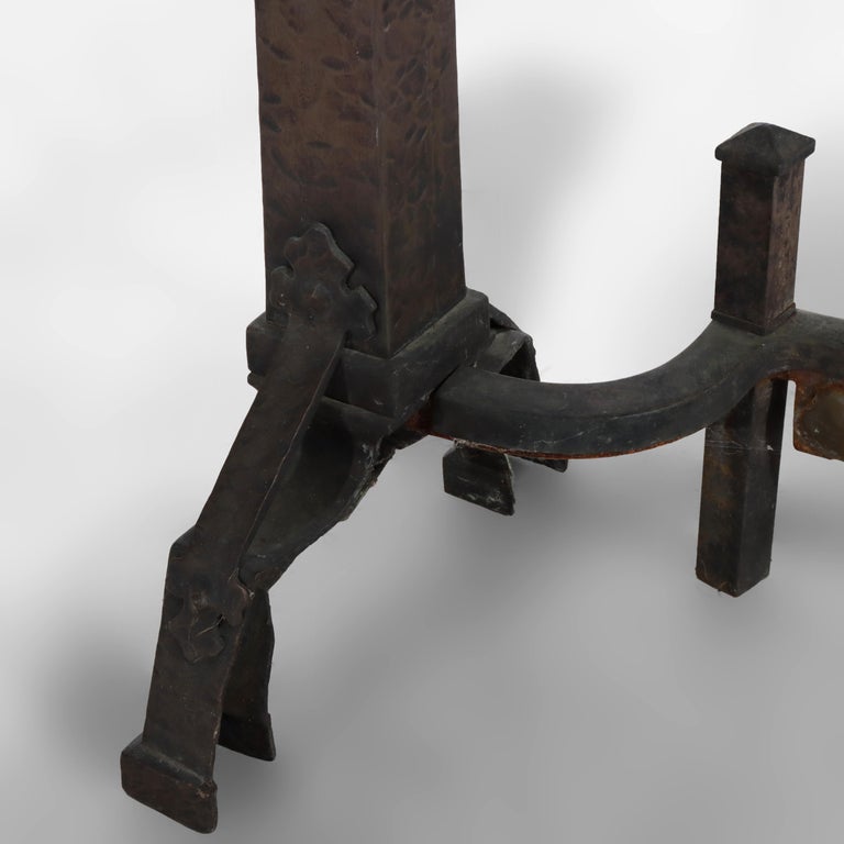 Pair of Antique Arts & Crafts Hammered Copper & Wrought Iron Andirons c1910