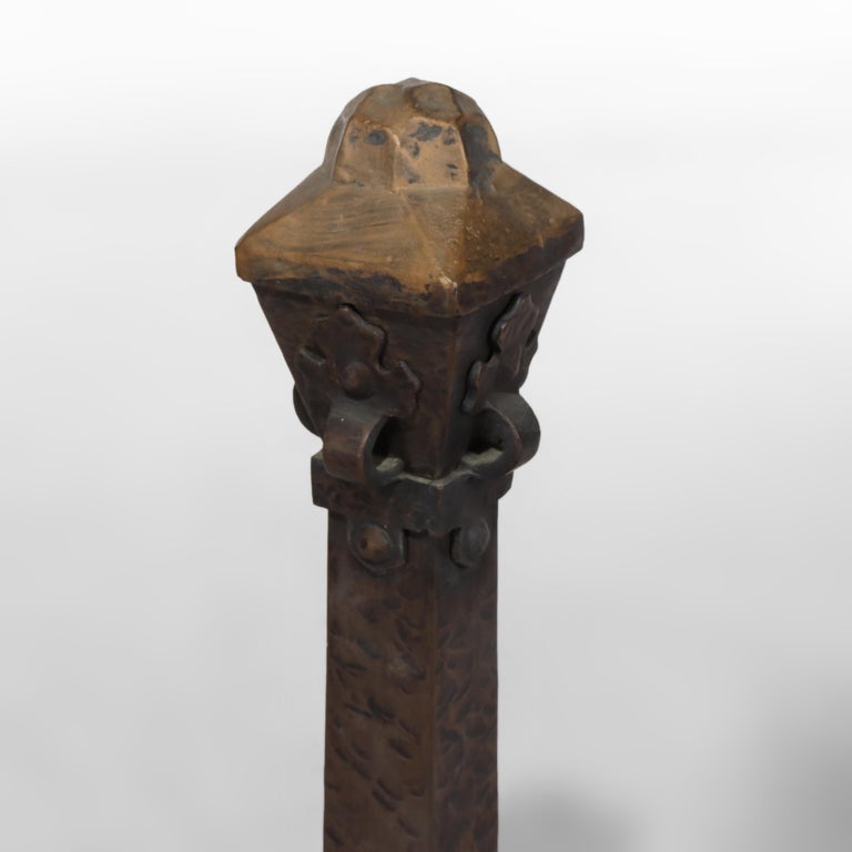 Pair of Antique Arts & Crafts Hammered Copper & Wrought Iron Andirons c1910