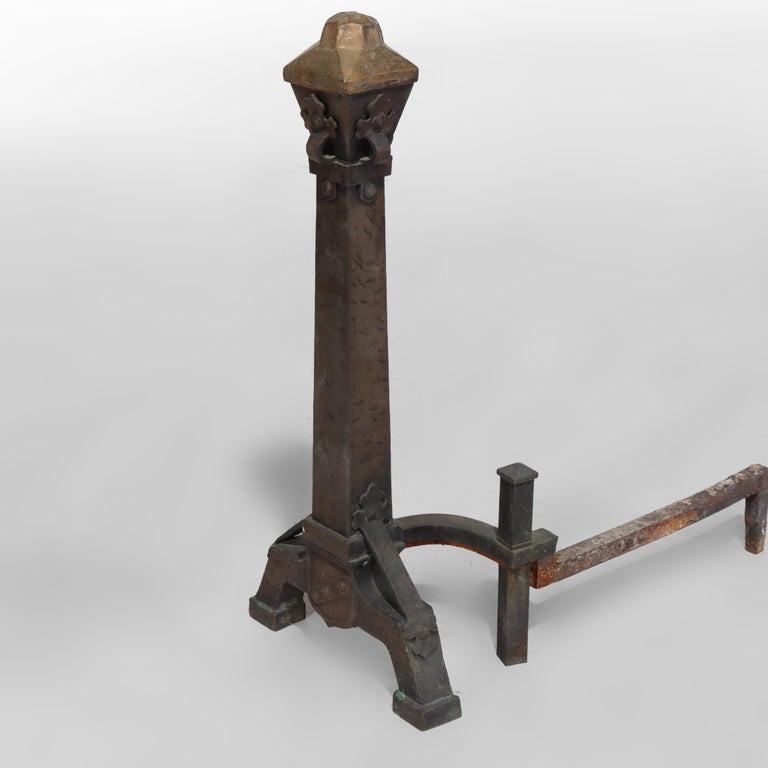 Pair of Antique Arts & Crafts Hammered Copper & Wrought Iron Andirons c1910
