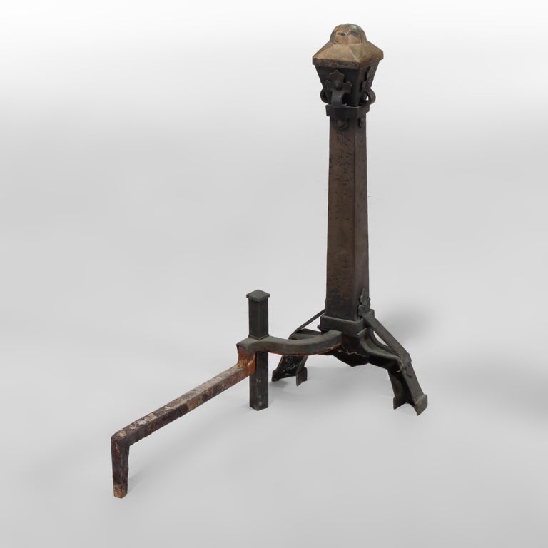 Pair of Antique Arts & Crafts Hammered Copper & Wrought Iron Andirons c1910