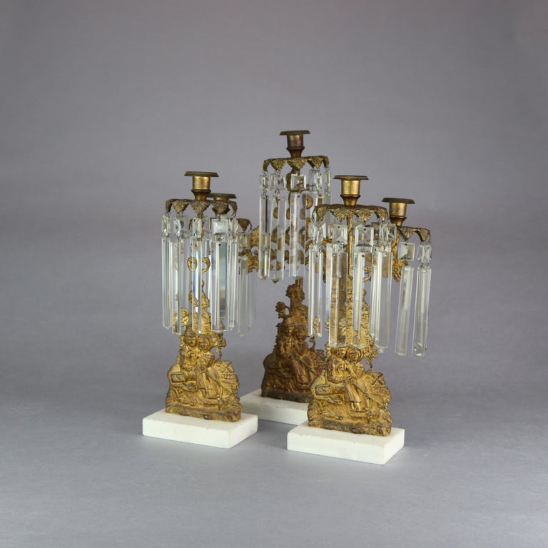 Antique American Figural Brass & Marble Mantel Girandolles Set, c1860