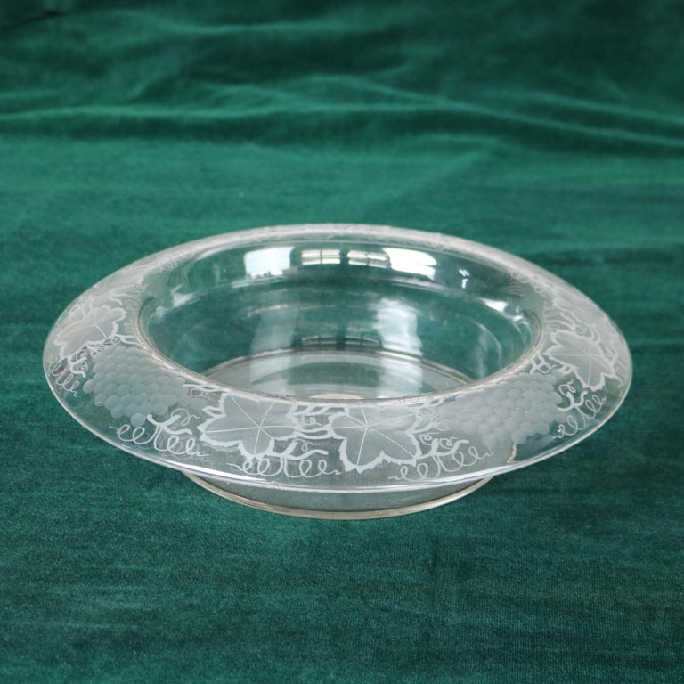 Antique Etched Glass Center Bowl with Grape Leaf and Vine Border C1930