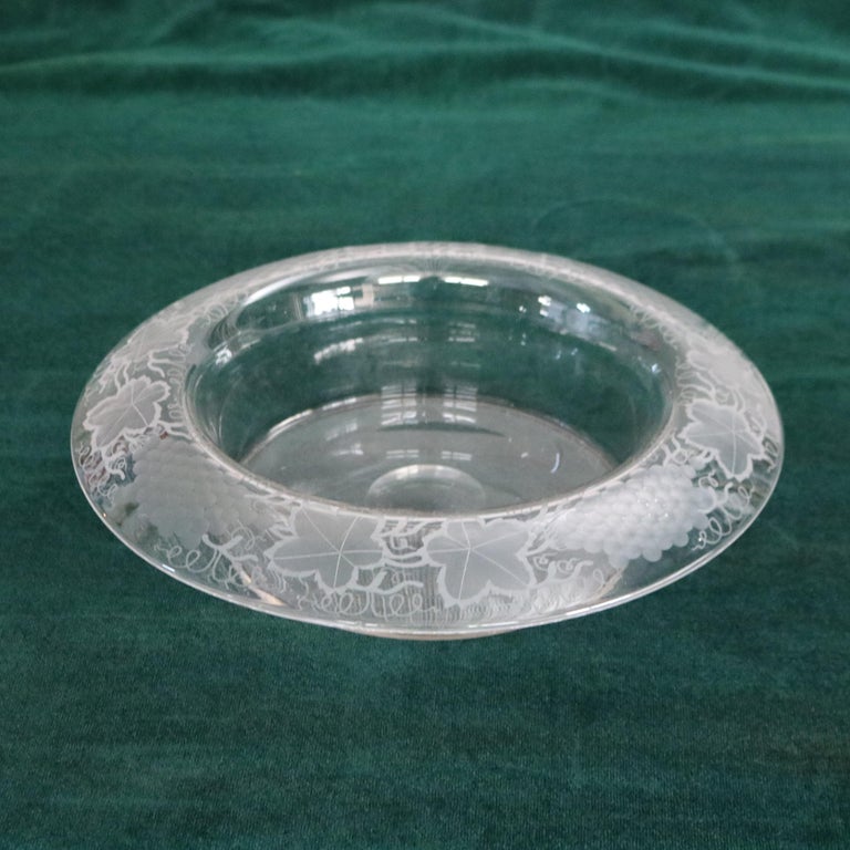 Antique Etched Glass Center Bowl with Grape Leaf and Vine Border C1930
