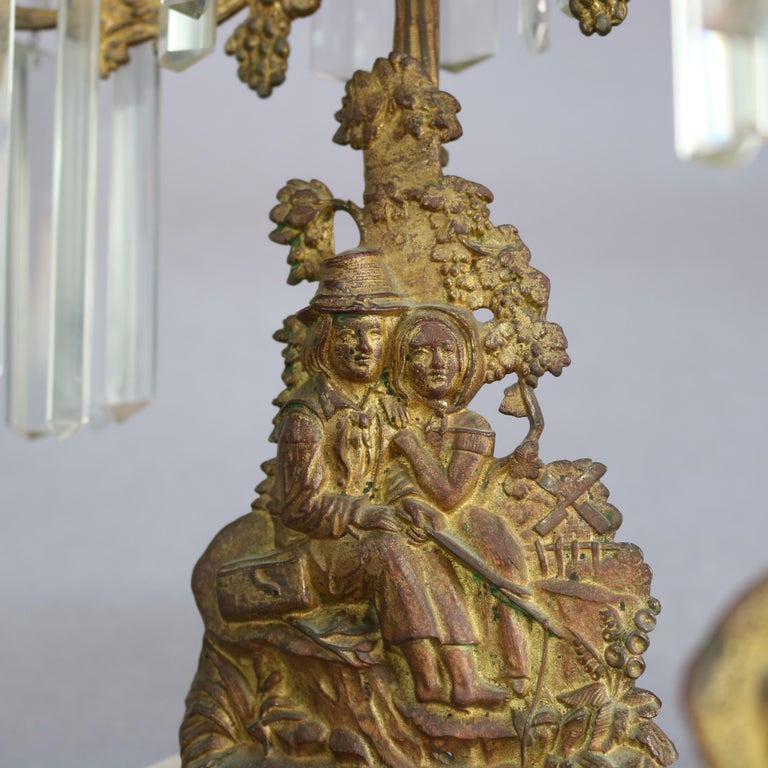 Antique American Figural Brass & Marble Mantel Girandolles Set, c1860