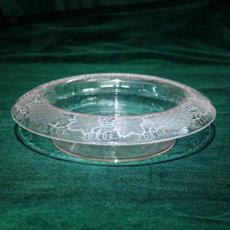 Antique Etched Glass Center Bowl with Grape Leaf and Vine Border C1930