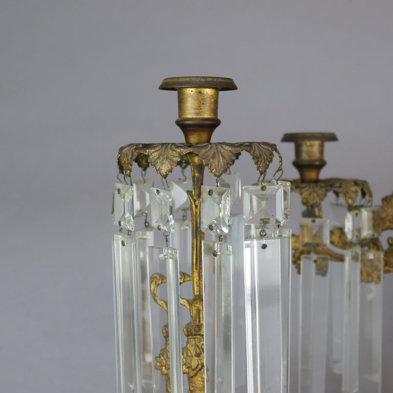 Antique American Figural Brass & Marble Mantel Girandolles Set, c1860