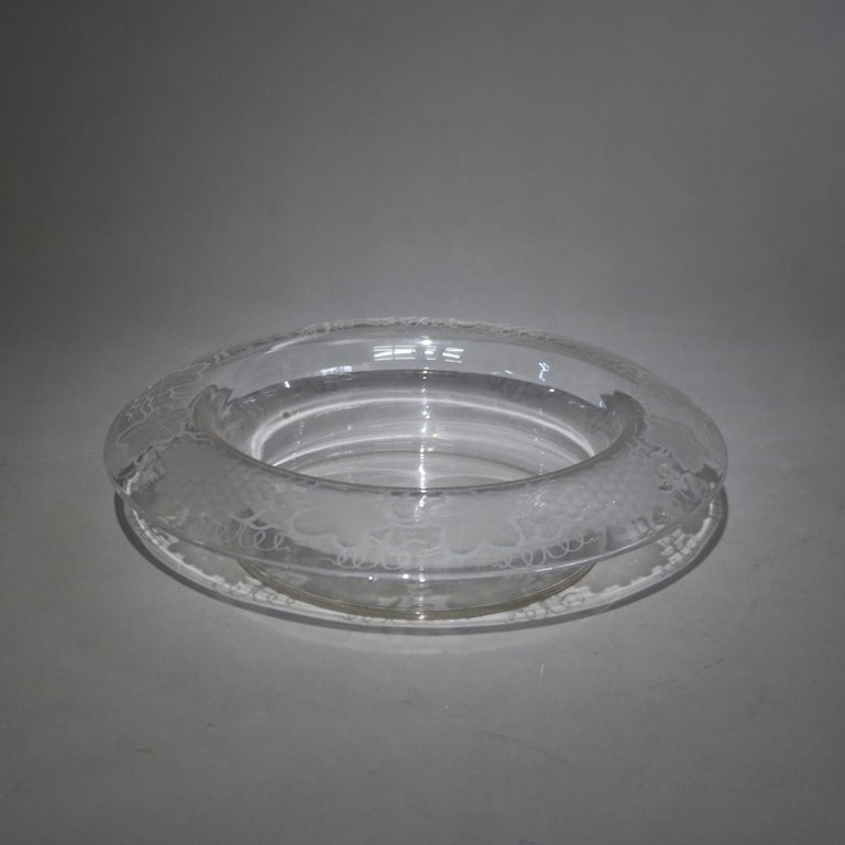 Antique Etched Glass Center Bowl with Grape Leaf and Vine Border C1930