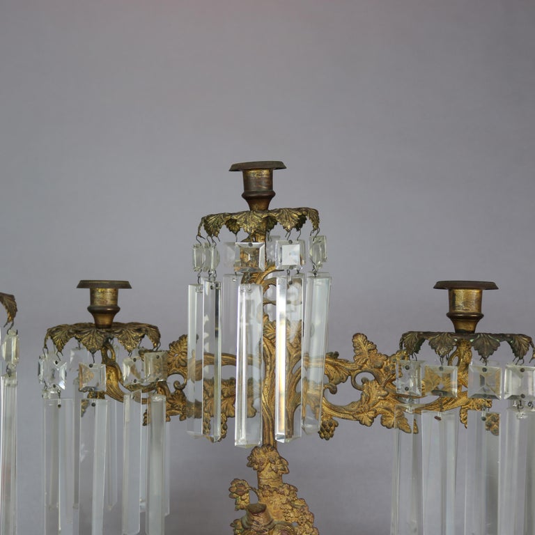 Antique American Figural Brass & Marble Mantel Girandolles Set, c1860
