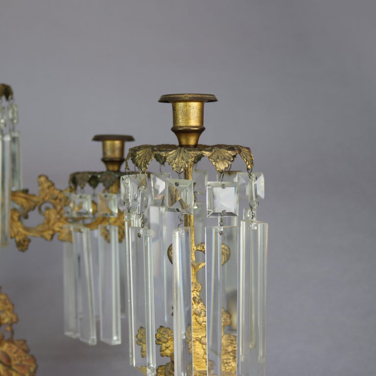 Antique American Figural Brass & Marble Mantel Girandolles Set, c1860