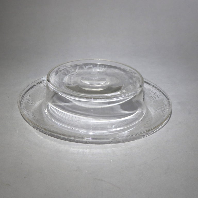 Antique Etched Glass Center Bowl with Grape Leaf and Vine Border C1930