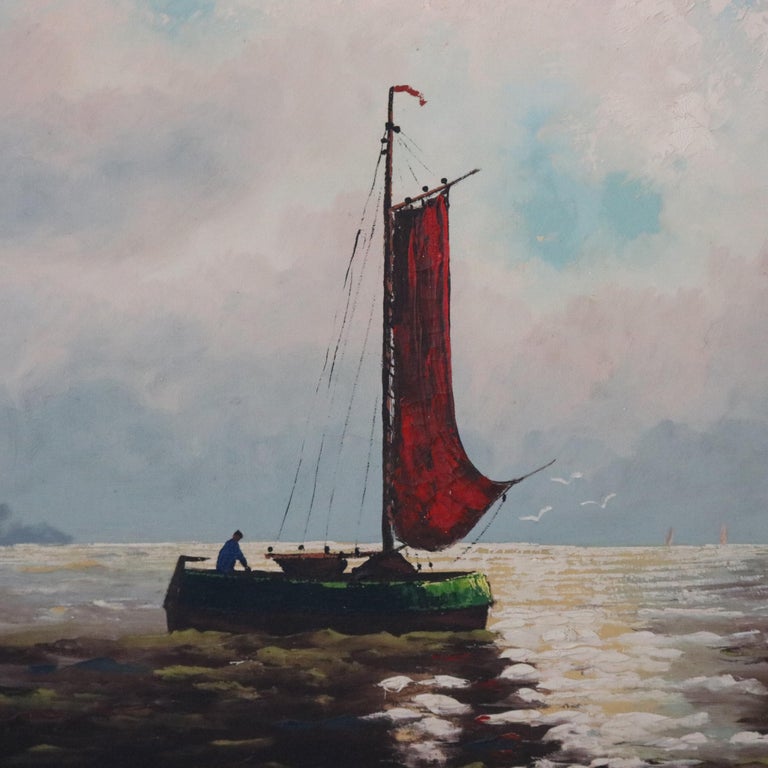 Vintage Venetian Harbor Scene Oil on Canvas Painting, 20th Century