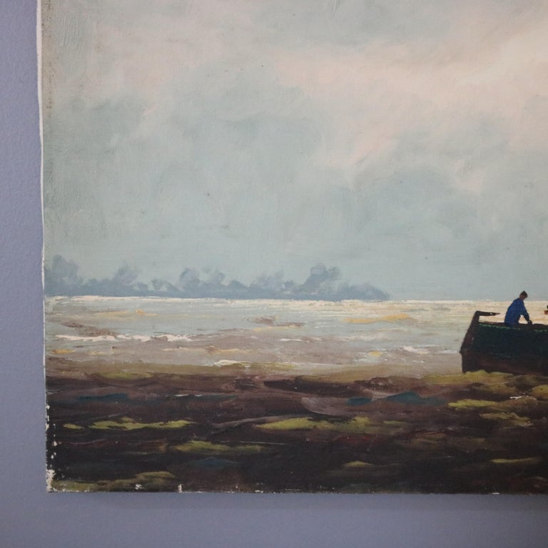 Vintage Venetian Harbor Scene Oil on Canvas Painting, 20th Century