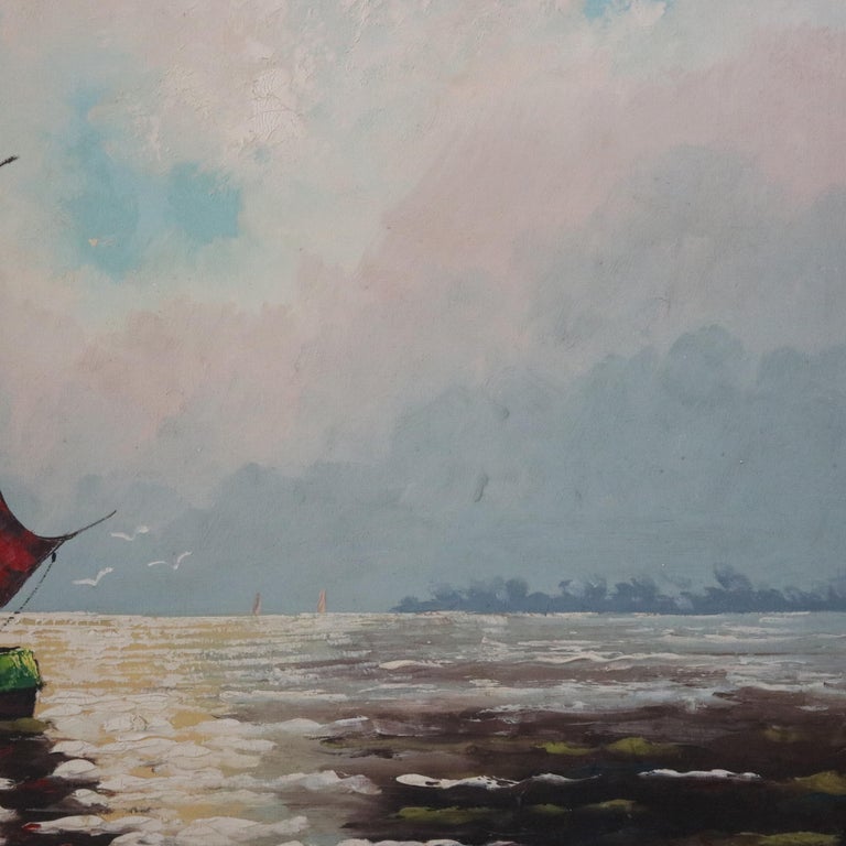Vintage Venetian Harbor Scene Oil on Canvas Painting, 20th Century