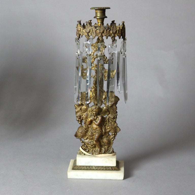 Antique Bronze, Crystal & Marble Figural Girandole Set with Cherubs C1890
