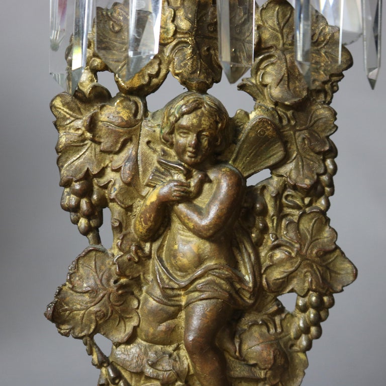 Antique Bronze, Crystal & Marble Figural Girandole Set with Cherubs C1890