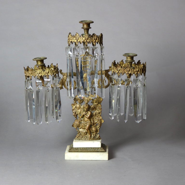 Antique Bronze, Crystal & Marble Figural Girandole Set with Cherubs C1890