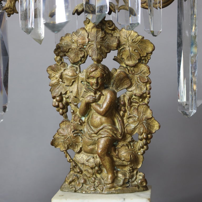 Antique Bronze, Crystal & Marble Figural Girandole Set with Cherubs C1890