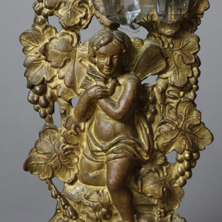 Antique Bronze, Crystal & Marble Figural Girandole Set with Cherubs C1890